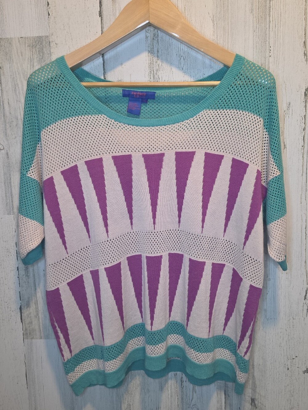 Twiggy London Women 2X Linen Rayon Open Knit Sweater Teal Purple Geometric Boho